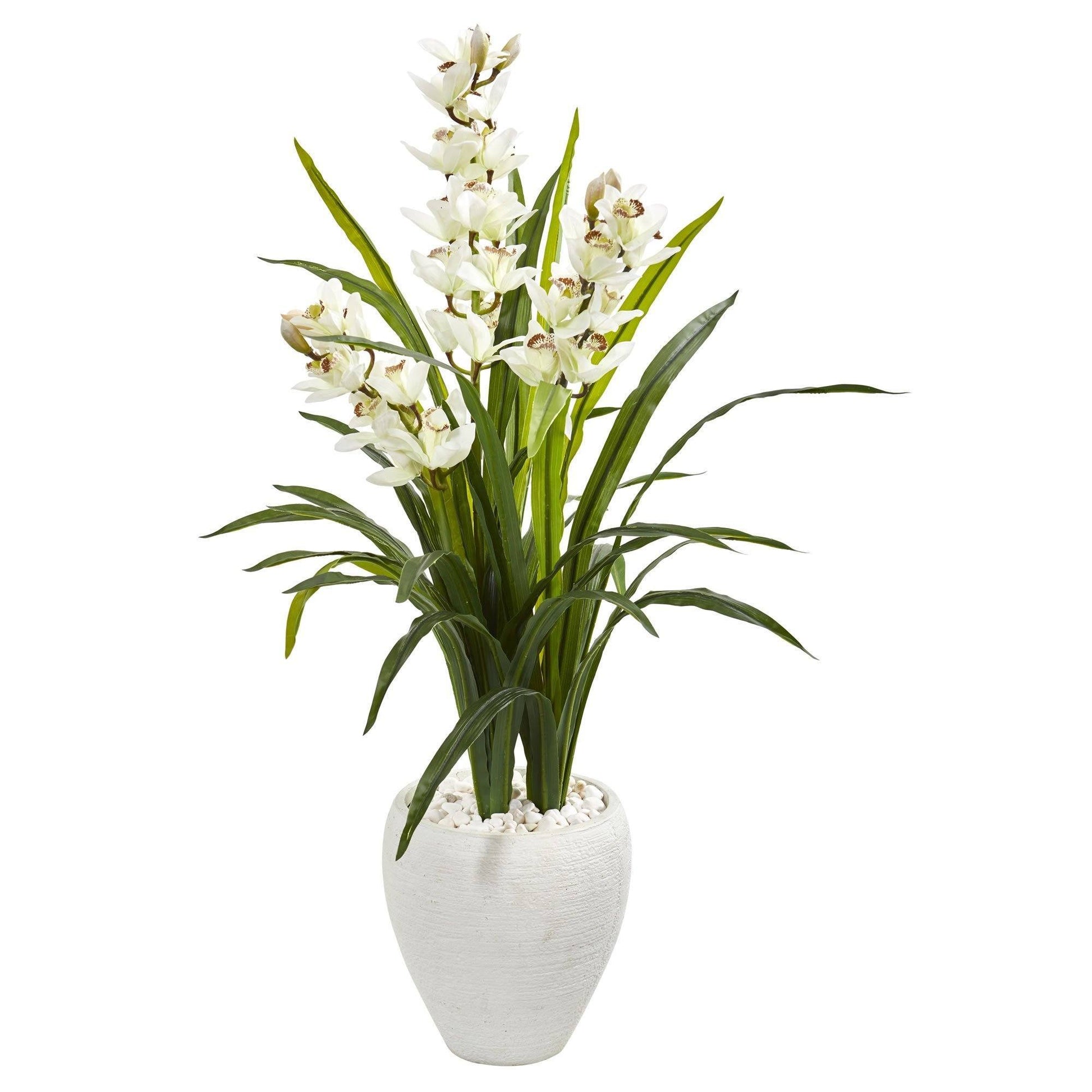 4ft Cymbidium Orchid artificial plant in white planter with green leaves and white stones on Tampa Home & Garden Store