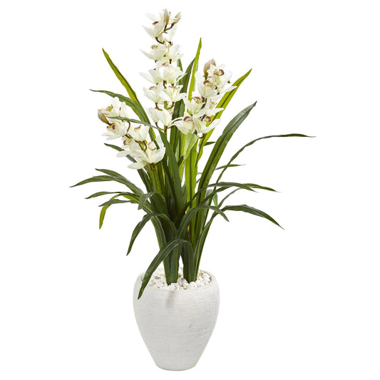4ft Cymbidium Orchid artificial plant in white planter with green leaves and white stones on Tampa Home & Garden Store