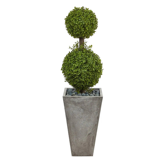 4 ft double boxwood topiary in gray cement planter with decorative pebbles by Nearly Natural on Tampa Home & Garden Store