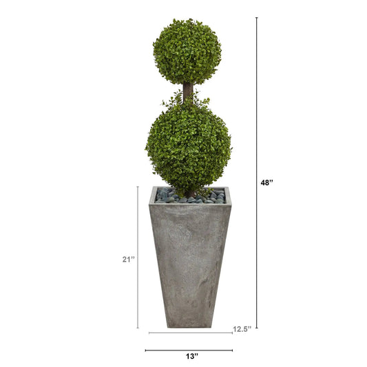 4-foot double boxwood topiary in cement planter with decorative rocks by Nearly Natural on Tampa Home & Garden Store