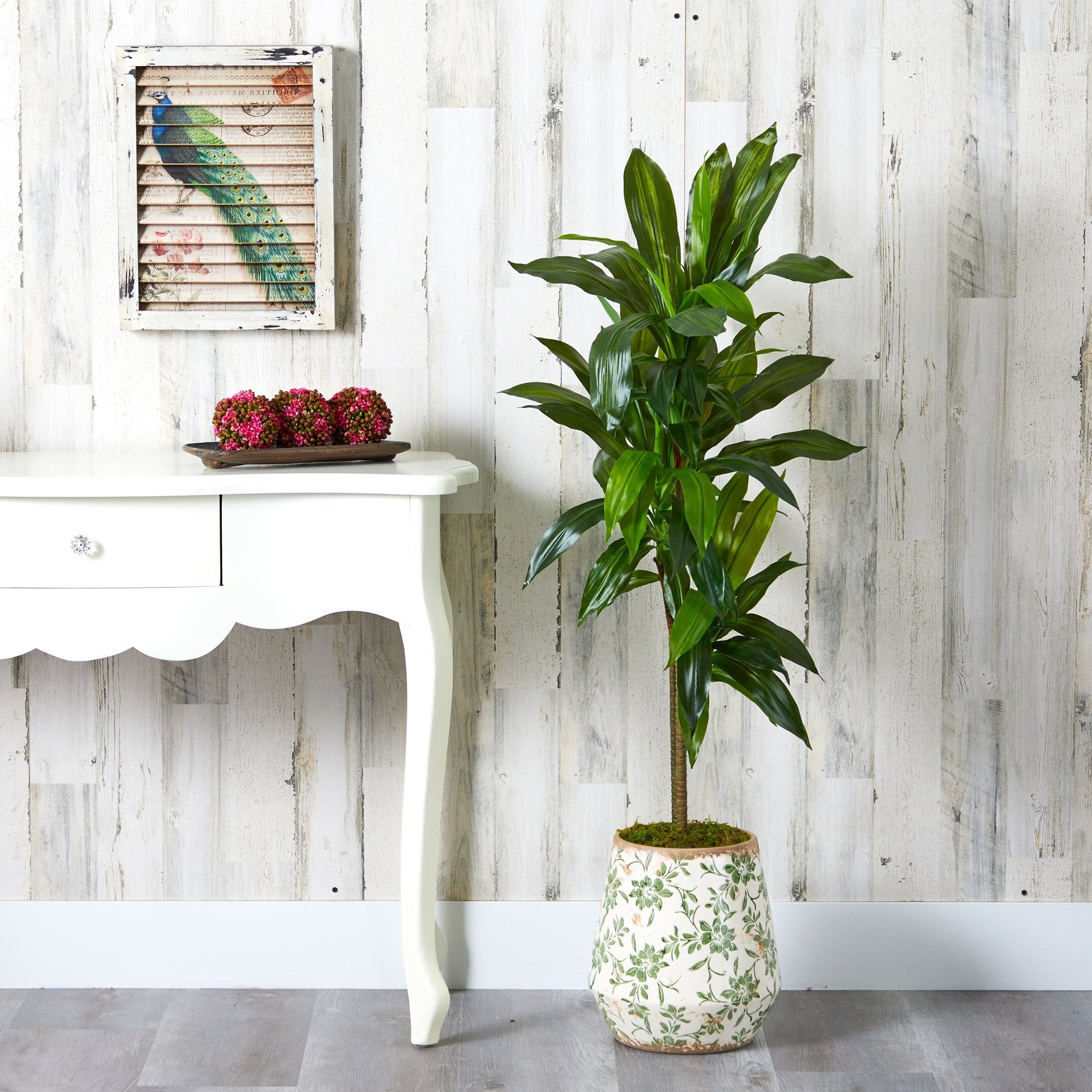 4ft Dracaena artificial plant in flower-print planter with lush green leaves by Nearly Natural on Tampa Home & Garden Store