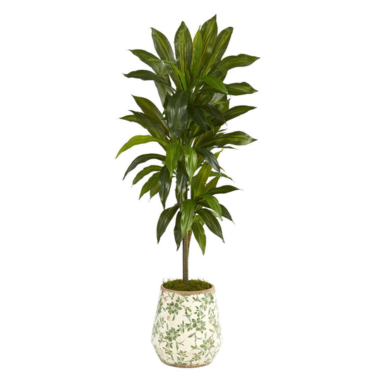 4 ft Dracaena artificial plant from Nearly Natural in flower-print planter with moss top on Tampa Home & Garden Store