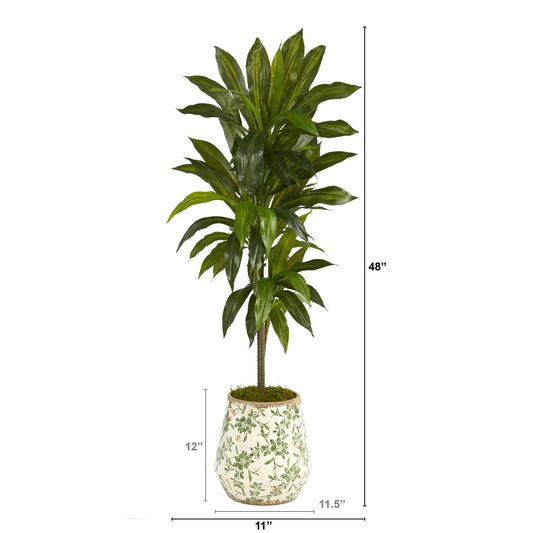 4 ft Dracaena artificial tree in a flower print planter, Nearly Natural, green glossy leaves on Tampa Home & Garden Store