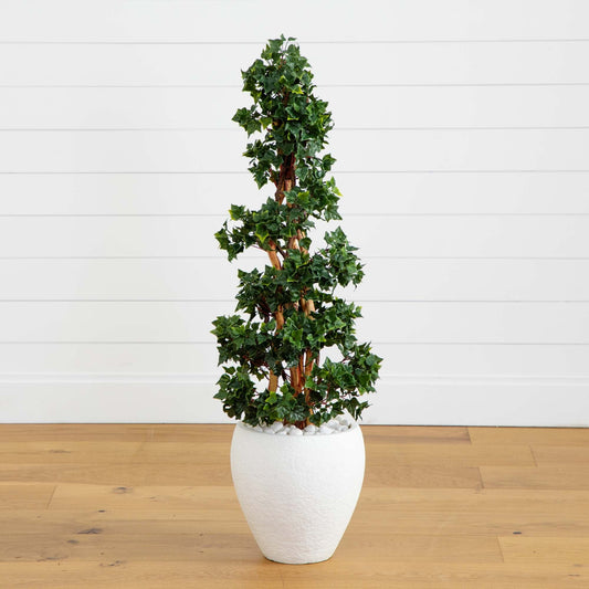 4’ English Ivy Topiary Tree in White Oval Planter UV Resistant (Indoor/Outdoor) - Tampa Home & Garden Store