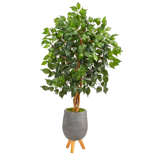 4ft ficus artificial tree by Nearly Natural in a gray ribbed planter on a wooden stand on Tampa Home & Garden Store