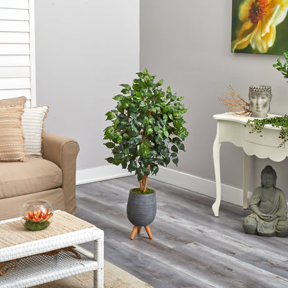 4ft Ficus artificial tree by Nearly Natural in gray ribbed planter with wooden stand on Tampa Home & Garden Store
