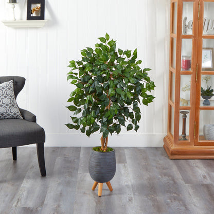 Nearly Natural 4’ ficus artificial tree in gray ribbed planter with wooden tripod stand on Tampa Home & Garden Store