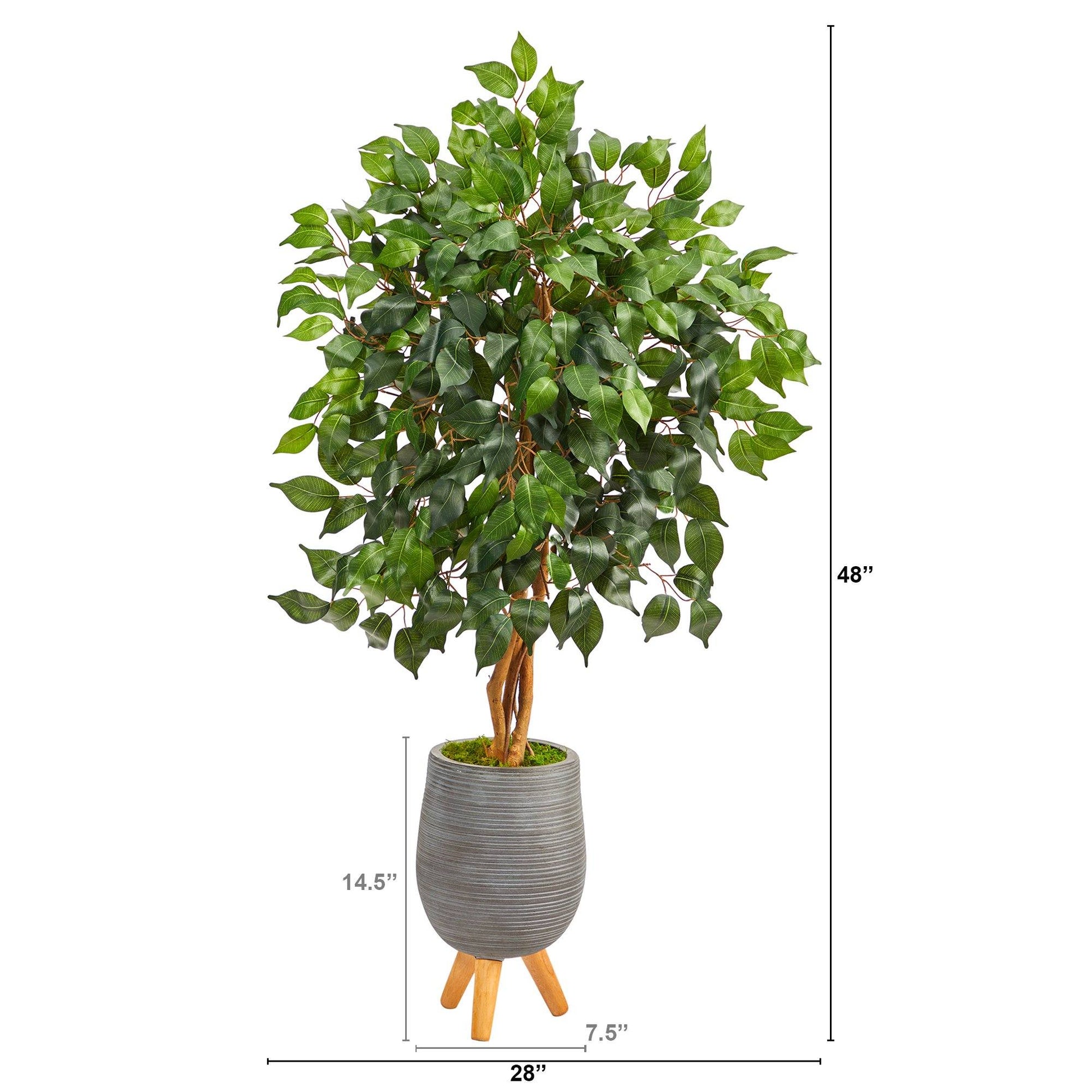 Nearly Natural 4 ft Ficus artificial tree in gray ribbed planter with wooden stand on Tampa Home & Garden Store