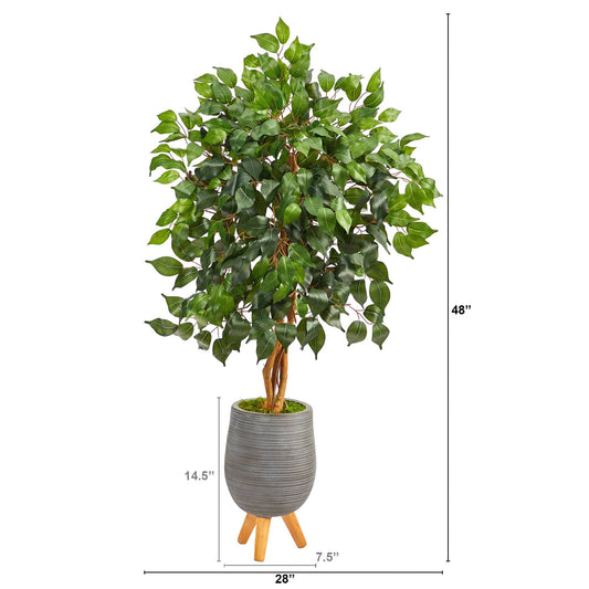Nearly Natural 4 ft Ficus artificial tree in gray ribbed planter with wooden stand on Tampa Home & Garden Store