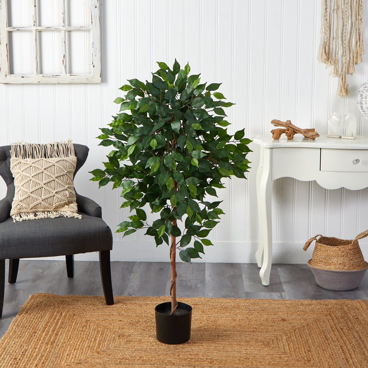 4’ Ficus Artificial Tree by Nearly Natural in a black pot with lush green leaves on Tampa Home & Garden Store