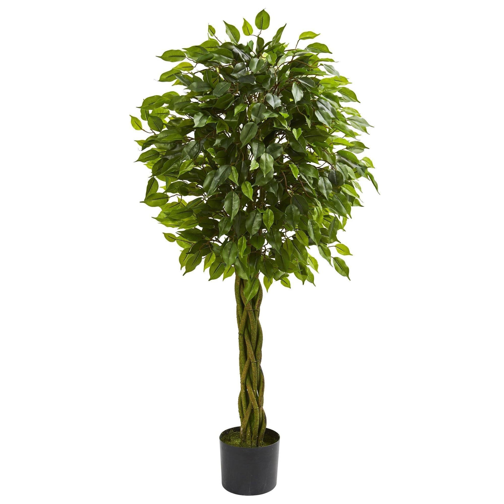 4ft Ficus artificial tree with woven trunk by Nearly Natural, UV resistant, in black pot on Tampa Home & Garden Store