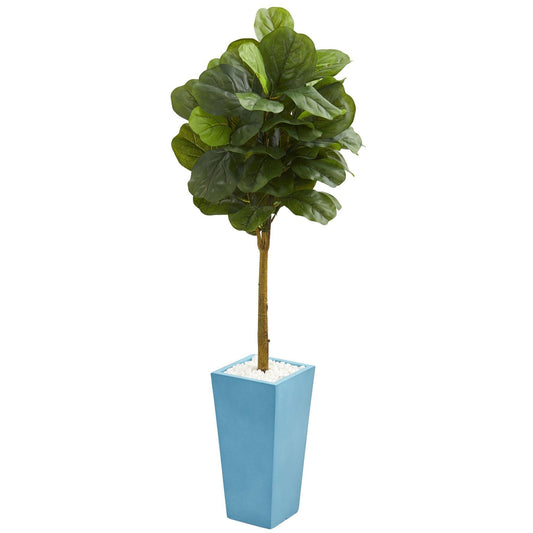 4 ft fiddle leaf artificial tree Nearly Natural in turquoise planter with white pebbles on Tampa Home & Garden Store