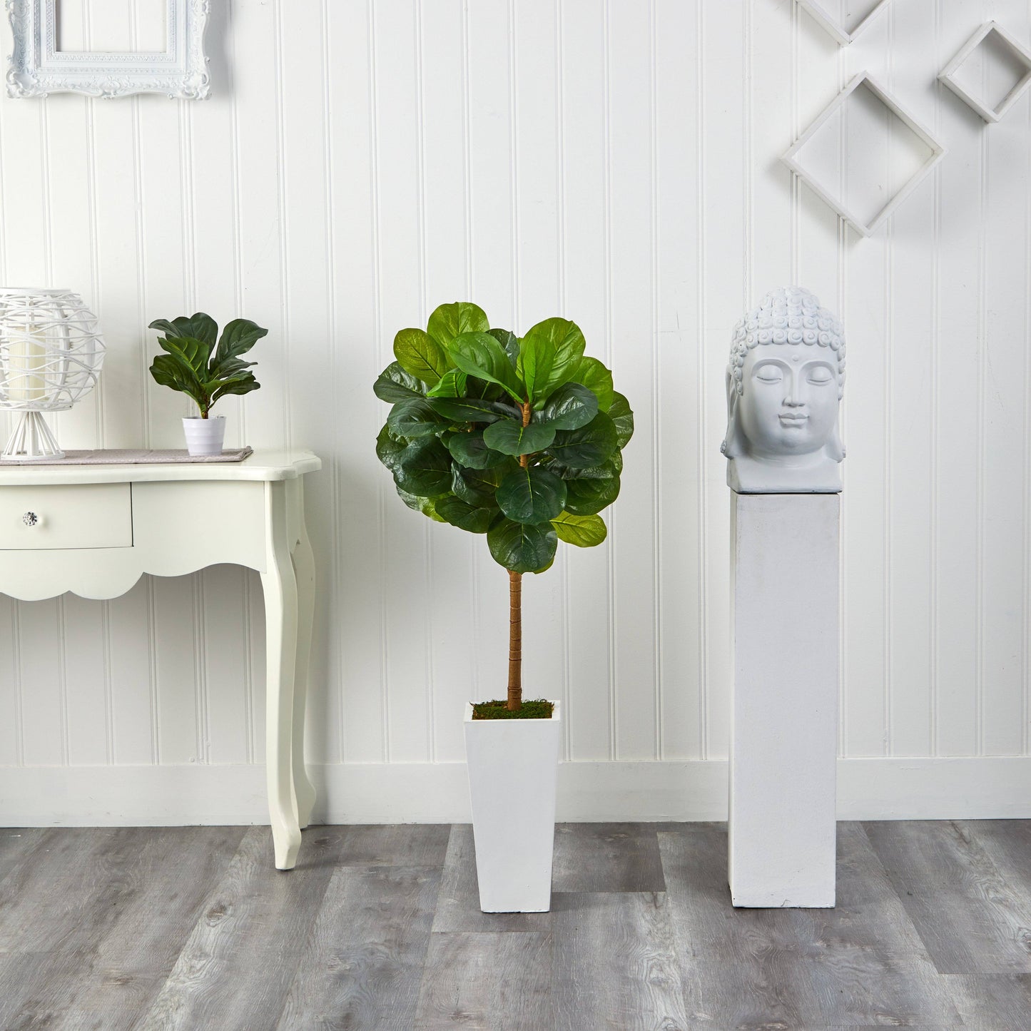 4 ft fiddle leaf artificial tree in white tower planter by Nearly Natural on Tampa Home & Garden Store