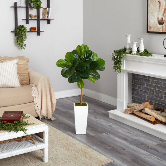 4 ft Fiddle Leaf Artificial Tree in White Tower Planter by Nearly Natural in a stylish living room on Tampa Home & Garden Store