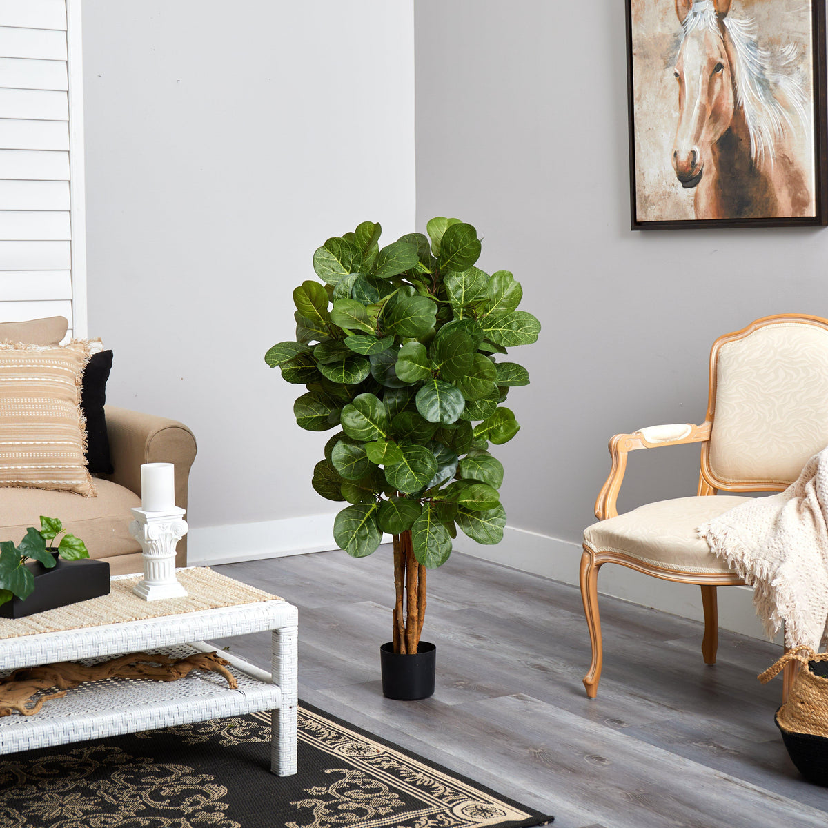 4 ft Fiddle Leaf Fig Artificial Tree by Nearly Natural with lush green leaves in a black pot on Tampa Home & Garden Store