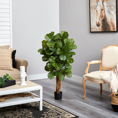 4 ft Fiddle Leaf Fig Artificial Tree by Nearly Natural with lush green leaves in a black pot on Tampa Home & Garden Store