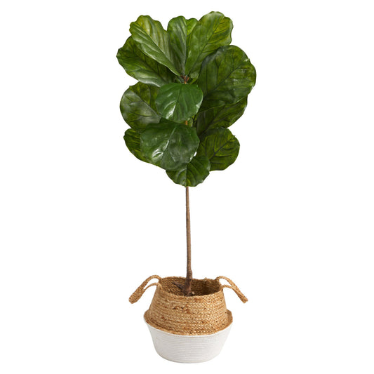 4’ Fiddle Leaf Tree in Boho Chic Handmade Cotton & Jute White Woven Planter UV Resistant - Tampa Home & Garden Store