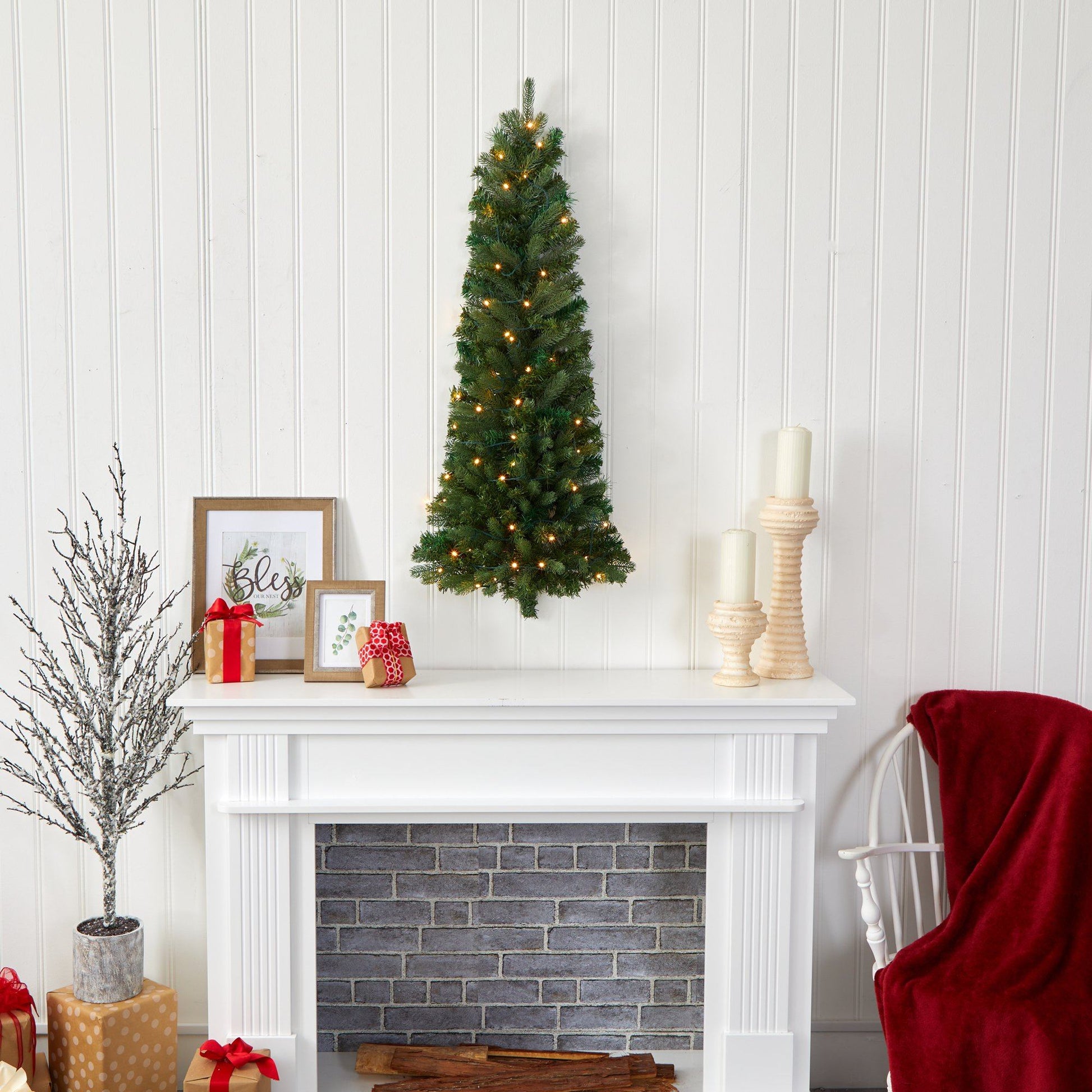 Nearly Natural 4 ft flatback wall-hanging artificial Christmas tree with 50 LED lights on mantel on Tampa Home & Garden Store