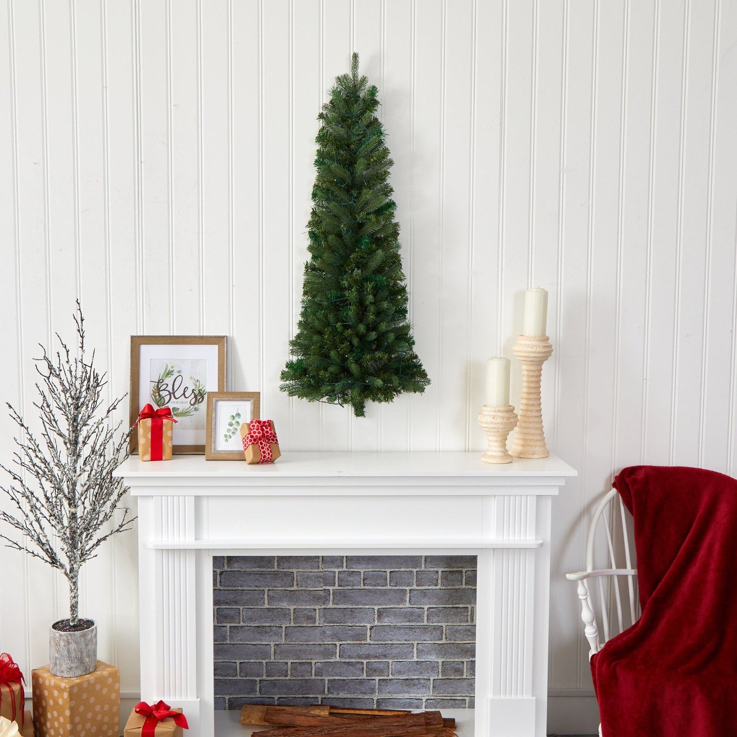 4 ft flat-back wall hanging Christmas tree by Nearly Natural with 50 clear LED lights on mantel on Tampa Home & Garden Store