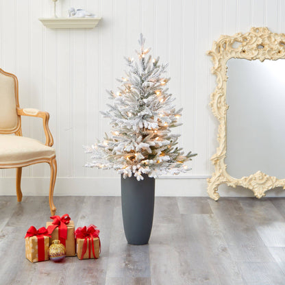 4 ft Nearly Natural flocked Fraser Fir Christmas Tree in gray planter with 200 warm white lights and 481 bendable branches on Tampa Home & Garden Store