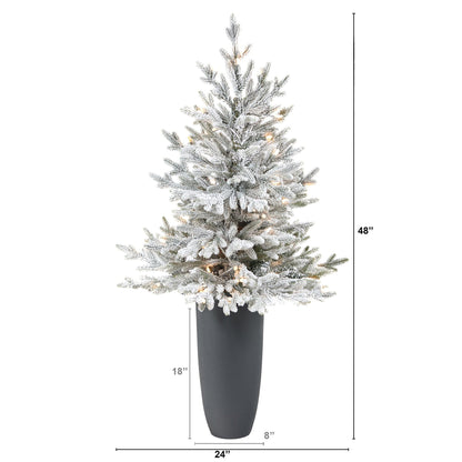 4 ft Flocked Fraser Fir Artificial Christmas Tree in gray planter with 200 warm white lights on Tampa Home & Garden Store