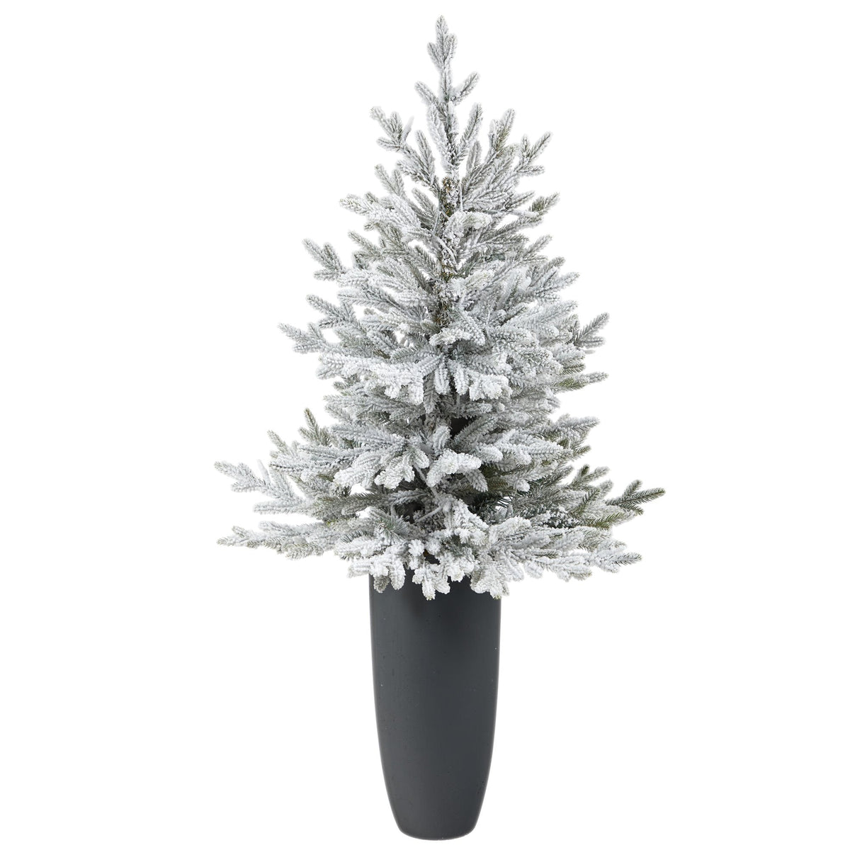 4 ft flocked Fraser Fir artificial Christmas tree with 200 warm white lights in gray planter on Tampa Home & Garden Store