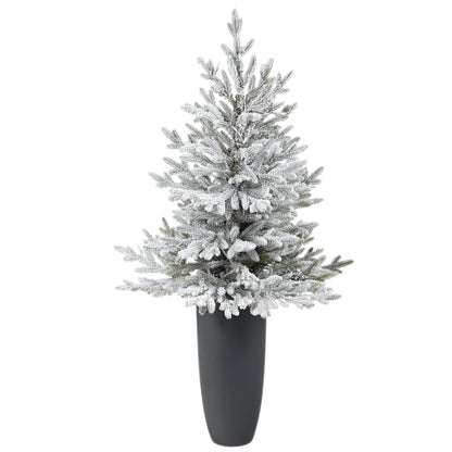 4 ft flocked Fraser Fir artificial Christmas tree with 200 warm white lights in gray planter on Tampa Home & Garden Store