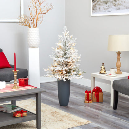 4 ft flocked Fraser Fir artificial Christmas tree in gray planter with 200 warm white lights on Tampa Home & Garden Store