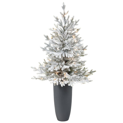 4 ft Flocked Fraser Fir artificial Christmas tree by Nearly Natural with 200 warm white lights and 481 bendable branches in gray planter on Tampa Home & Garden Store