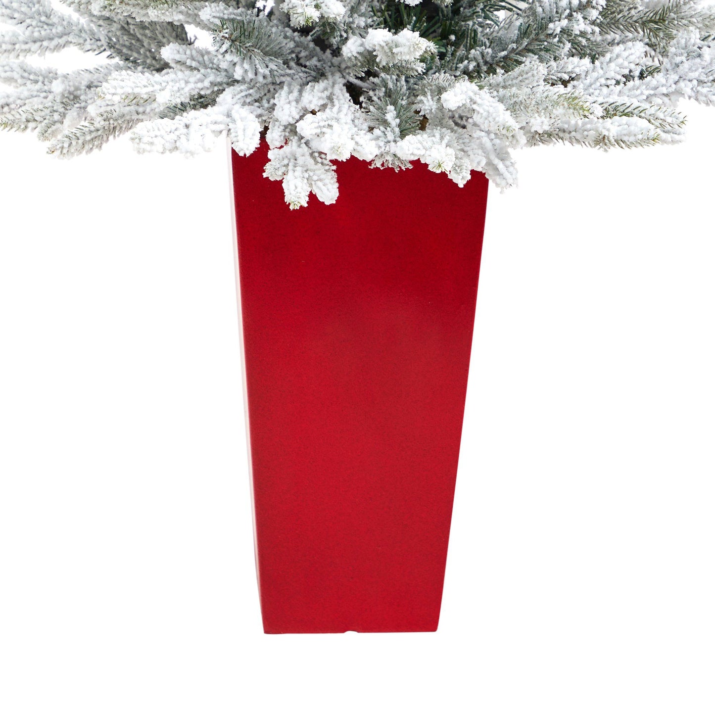 4 ft flocked Fraser Fir artificial Christmas tree in red planter with snow-covered branches on Tampa Home & Garden Store