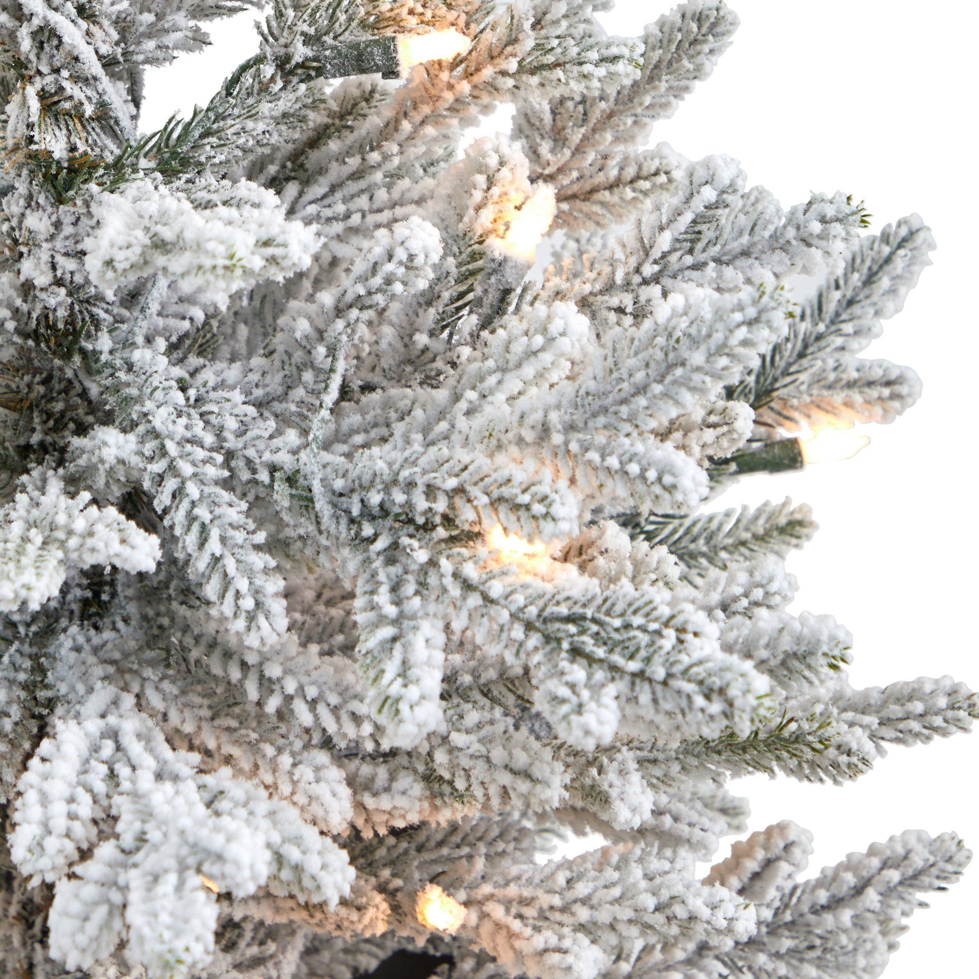 4ft flocked Fraser Fir Christmas Tree with 200 warm white lights by Nearly Natural in red planter on Tampa Home & Garden Store