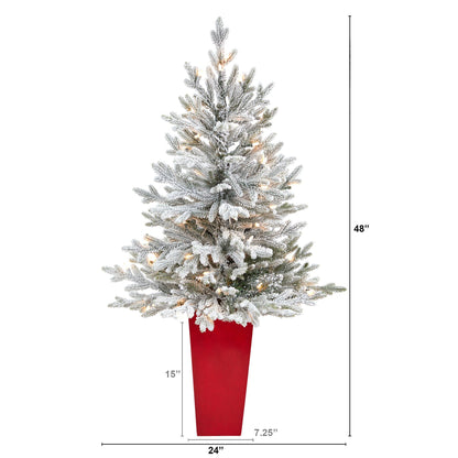 Christmas Tree Nearly Natural 4 ft flocked Fraser Fir in red planter with 200 warm white lights on Tampa Home & Garden Store