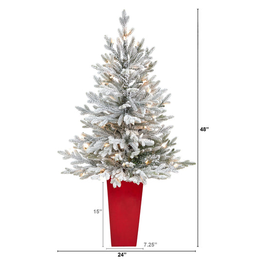 Christmas Tree Nearly Natural 4 ft flocked Fraser Fir in red planter with 200 warm white lights on Tampa Home & Garden Store