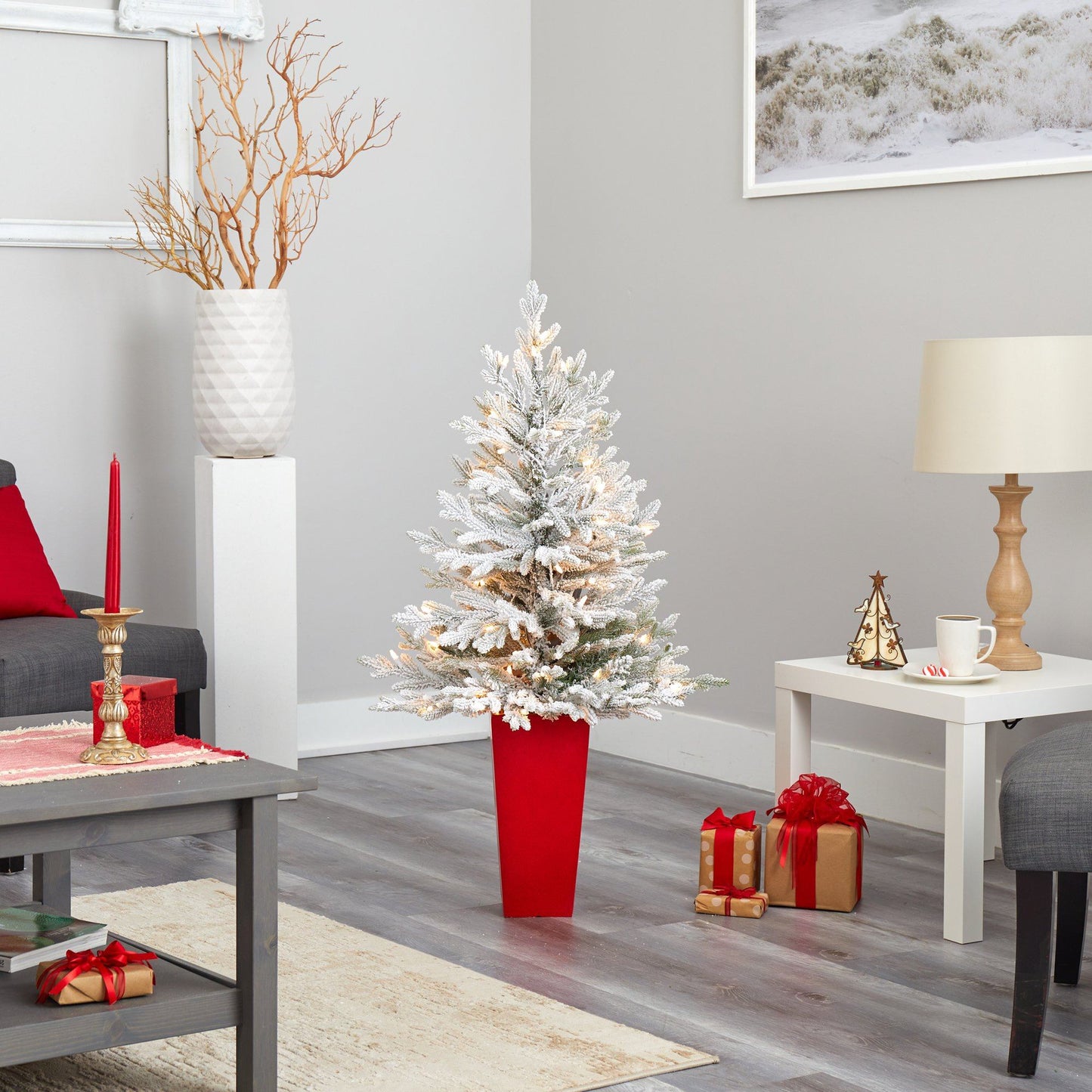 4’ Flocked Fraser Fir in red planter with 200 lights and 481 branches by Nearly Natural on Tampa Home & Garden Store