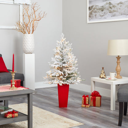 4’ Flocked Fraser Fir in red planter with 200 lights and 481 branches by Nearly Natural on Tampa Home & Garden Store