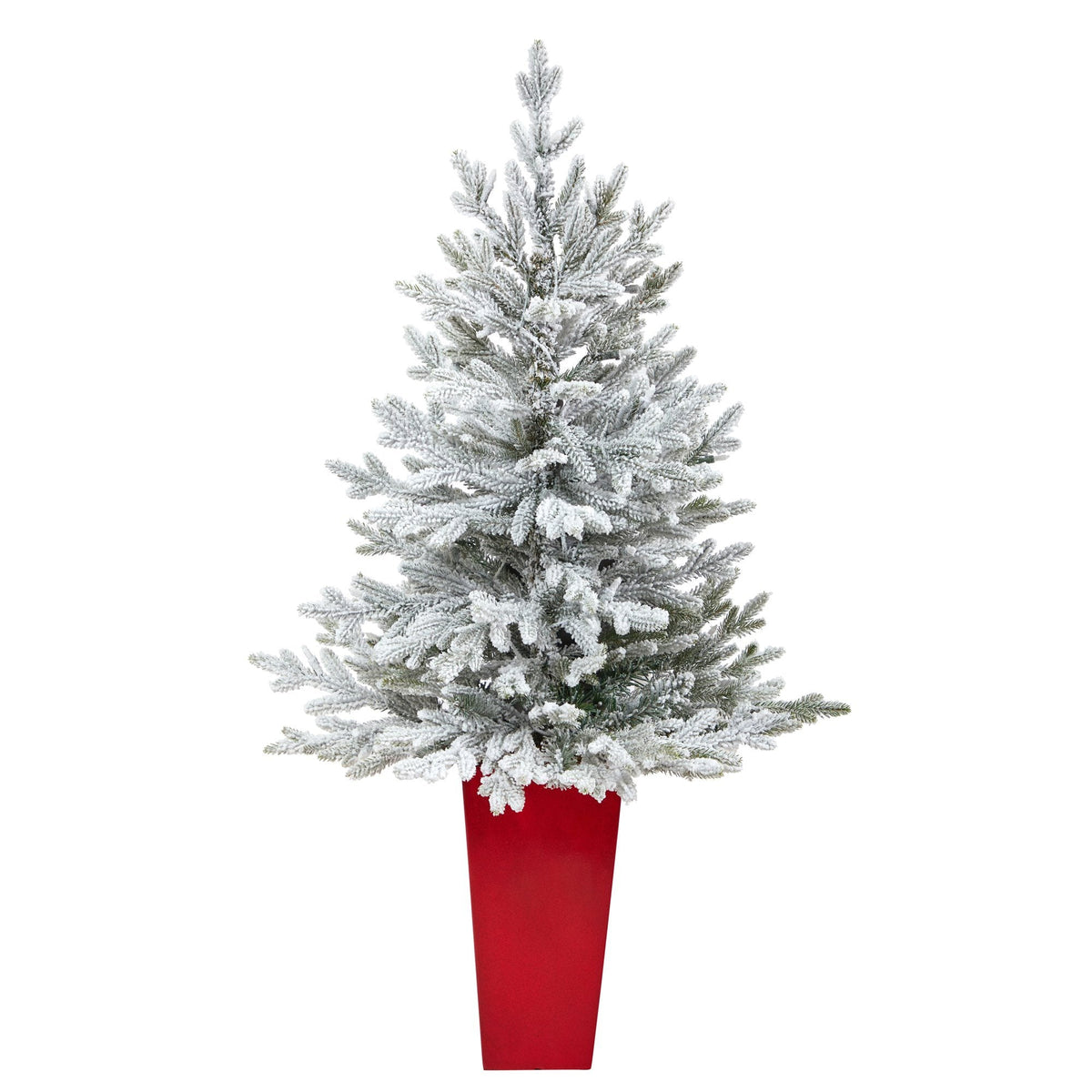Nearly Natural 4 ft flocked Fraser Fir Christmas Tree in red planter with 200 warm white lights on Tampa Home & Garden Store