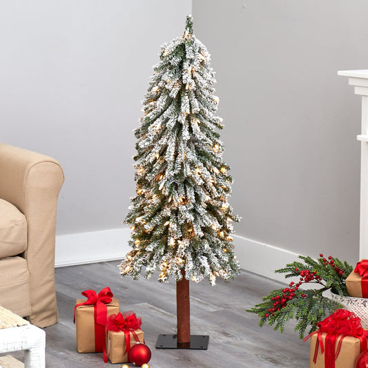 4’ flocked Grand Alpine Christmas Tree with 100 lights and 361 branches on natural trunk on Tampa Home & Garden Store