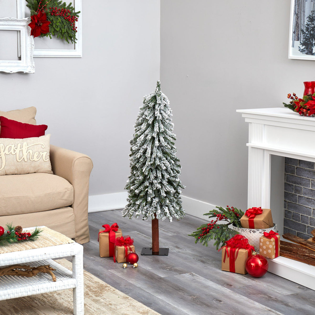 4 ft flocked grand alpine Christmas tree Nearly Natural with 100 lights on natural trunk on Tampa Home & Garden Store