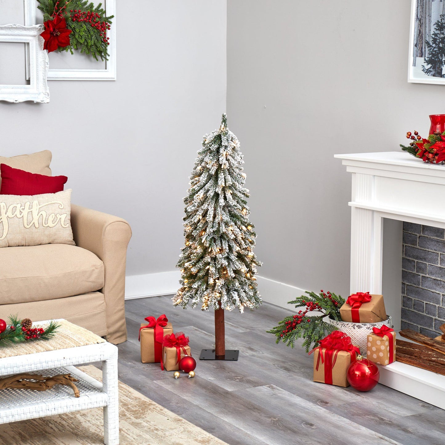 4’ Flocked Grand Alpine Artificial Christmas Tree with 100 Lights on Natural Trunk on Tampa Home & Garden Store