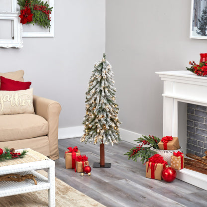 4’ Flocked Grand Alpine Artificial Christmas Tree with 100 Lights on Natural Trunk on Tampa Home & Garden Store
