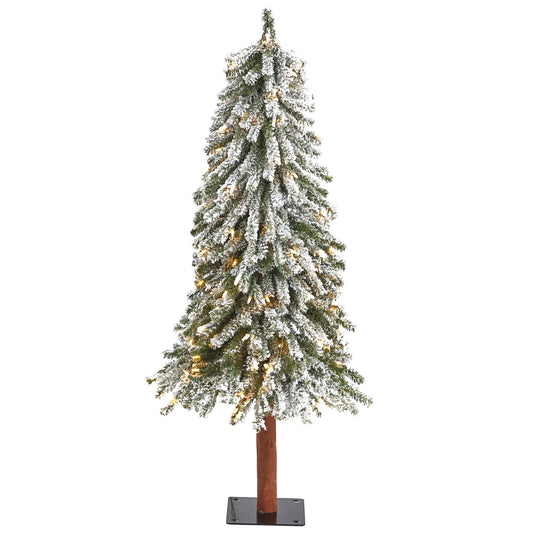 Nearly Natural 4’ Flocked Grand Alpine Christmas Tree with 100 Lights on Natural Trunk on Tampa Home & Garden Store