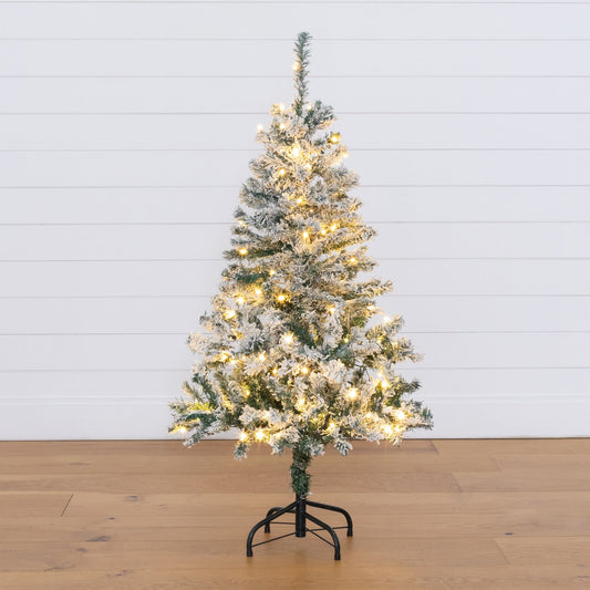 4 ft Nearly Natural flocked Rock Springs Spruce Christmas tree with 100 LED lights on stand on Tampa Home & Garden Store