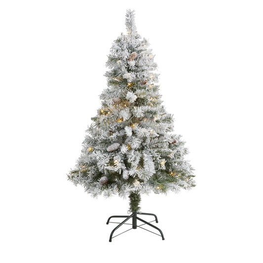 4 ft flocked white river mountain pine Christmas tree with pinecones and 100 LED lights on Tampa Home & Garden Store