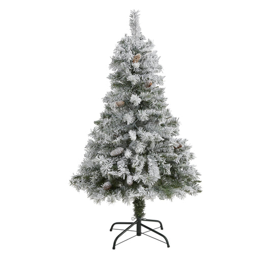 4 ft flocked white pine artificial Christmas tree with pinecones by Nearly Natural on stand on Tampa Home & Garden Store
