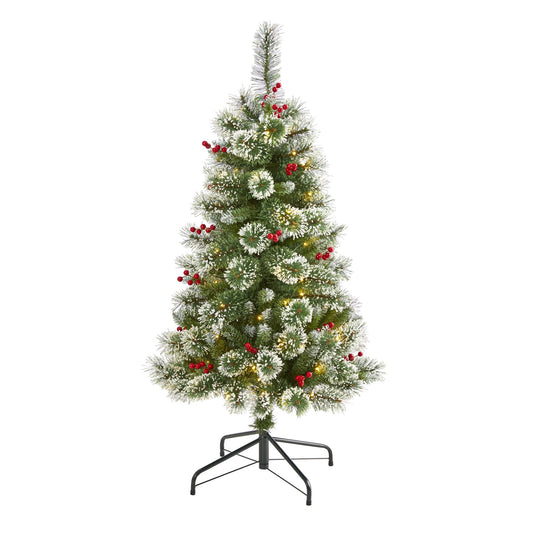 Nearly Natural 4 ft Frosted Swiss Pine artificial Christmas tree with 100 LEDs and red berries on Tampa Home & Garden Store