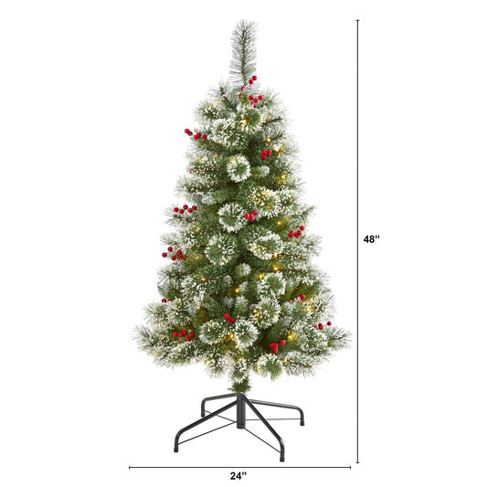 Nearly Natural 4 ft Frosted Swiss Pine Christmas Tree with 100 LED lights and berries on stand on Tampa Home & Garden Store