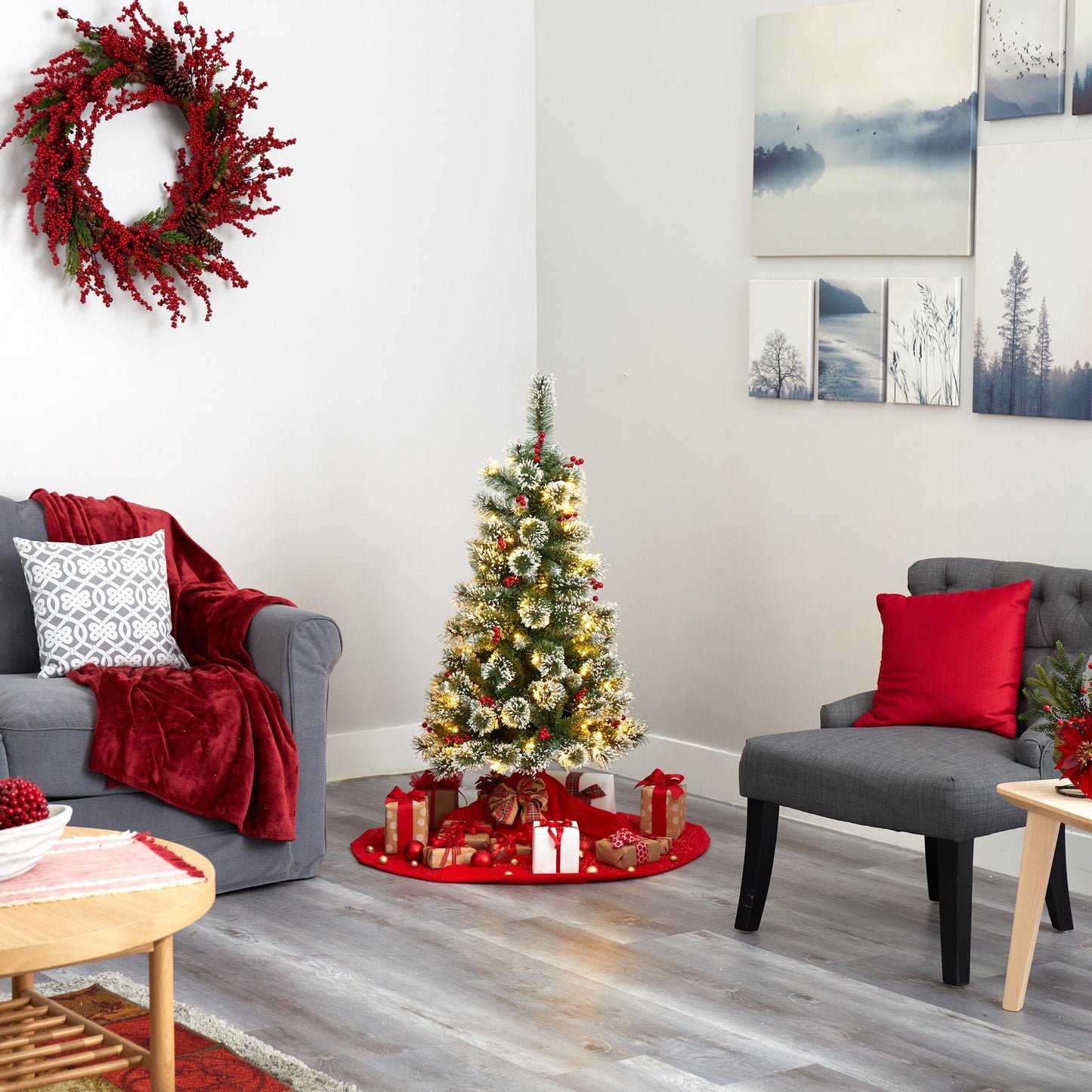4 Feet Frosted Swiss Pine Tree and Clear Lights