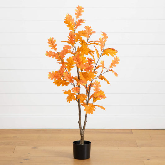 4 ft artificial autumn oak tree by Nearly Natural with orange leaves in a black pot on Tampa Home & Garden Store