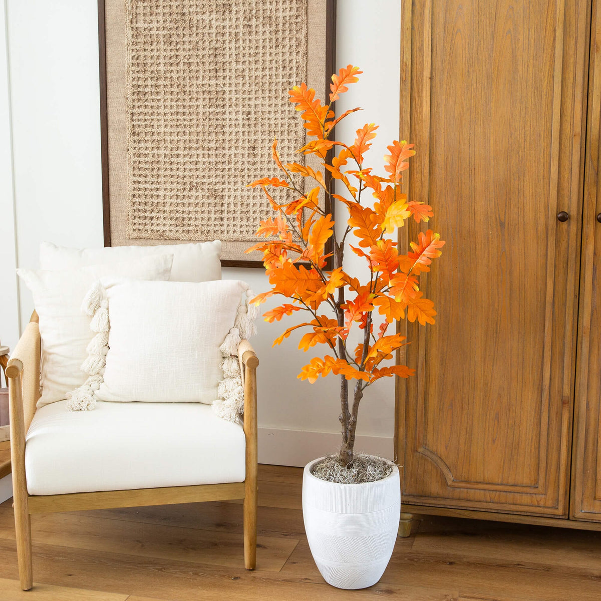 4' Artificial Autumn Oak Tree by Nearly Natural with orange autumn leaves in a white pot on Tampa Home & Garden Store