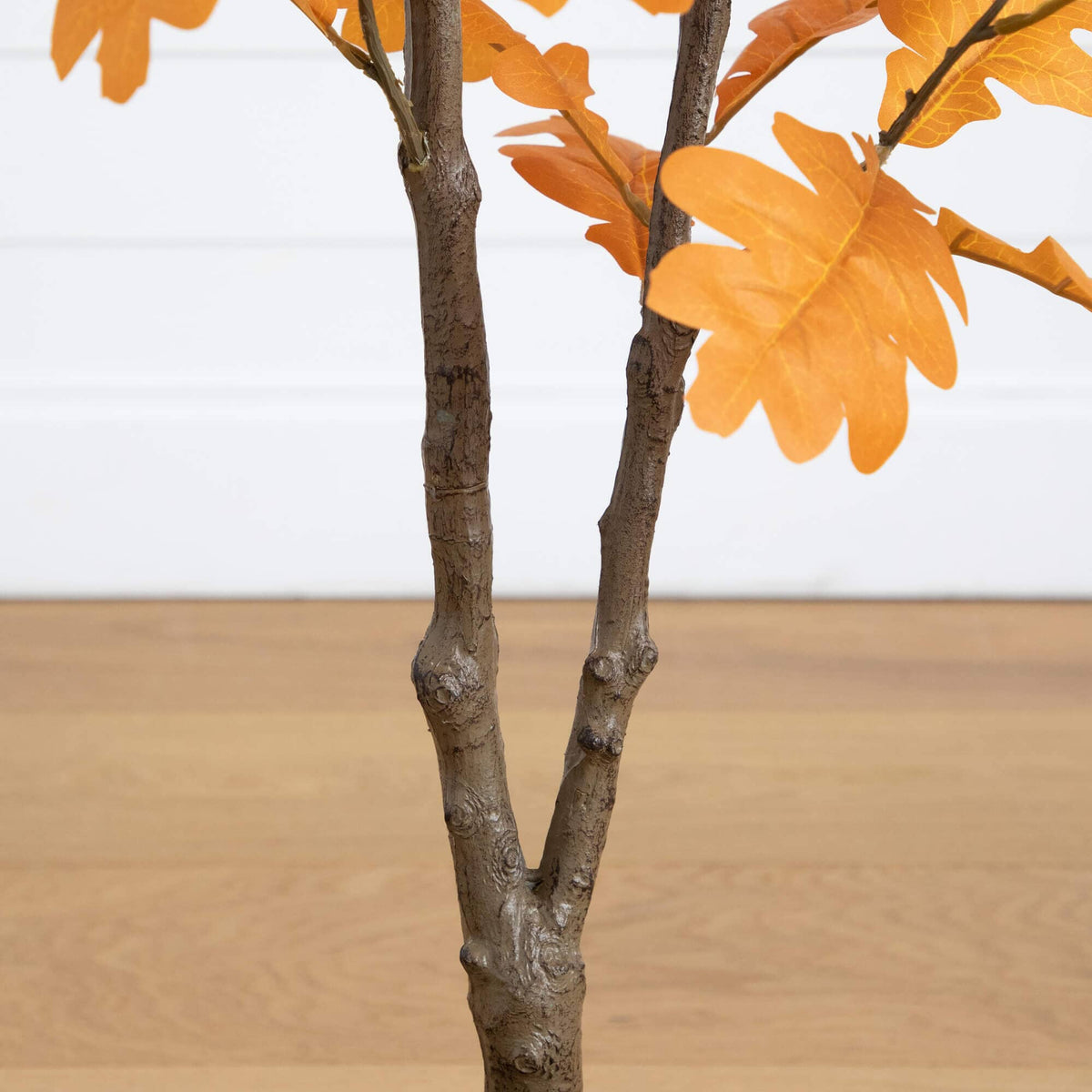 4' Artificial Autumn Oak Tree by Nearly Natural, orange leaves, two-trunk display on Tampa Home & Garden Store